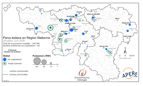 Carte des parcs et projets éoliens de Wallonie (Juin 2008)