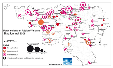 Carte des projets éoliens en Wallonie (Mai 2008)