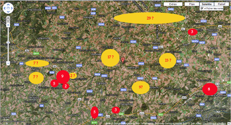 Carte des projets éoliens en production ou à l'étude entre la E40 et E411 dans la plaine de Hesbaye