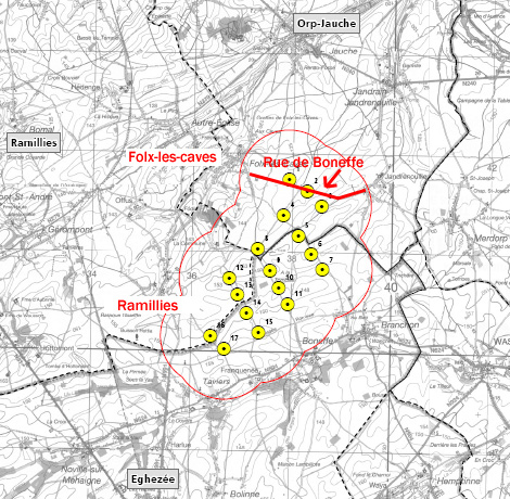 Plan d implantation des 17 éoliennes de la plaine de Boneffe