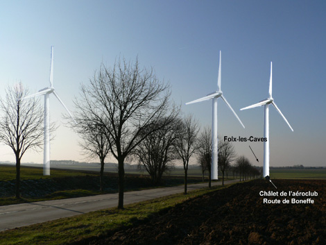 Photomontage: les 3 éoliennes à la sortie de Jandrenouille en direction de Folx-les-caves