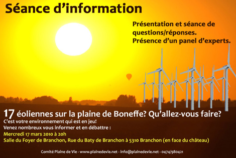 Eoliennes de la Plaine de Boneffe - Séance d'information du 17 Mars 2010 à Branchon