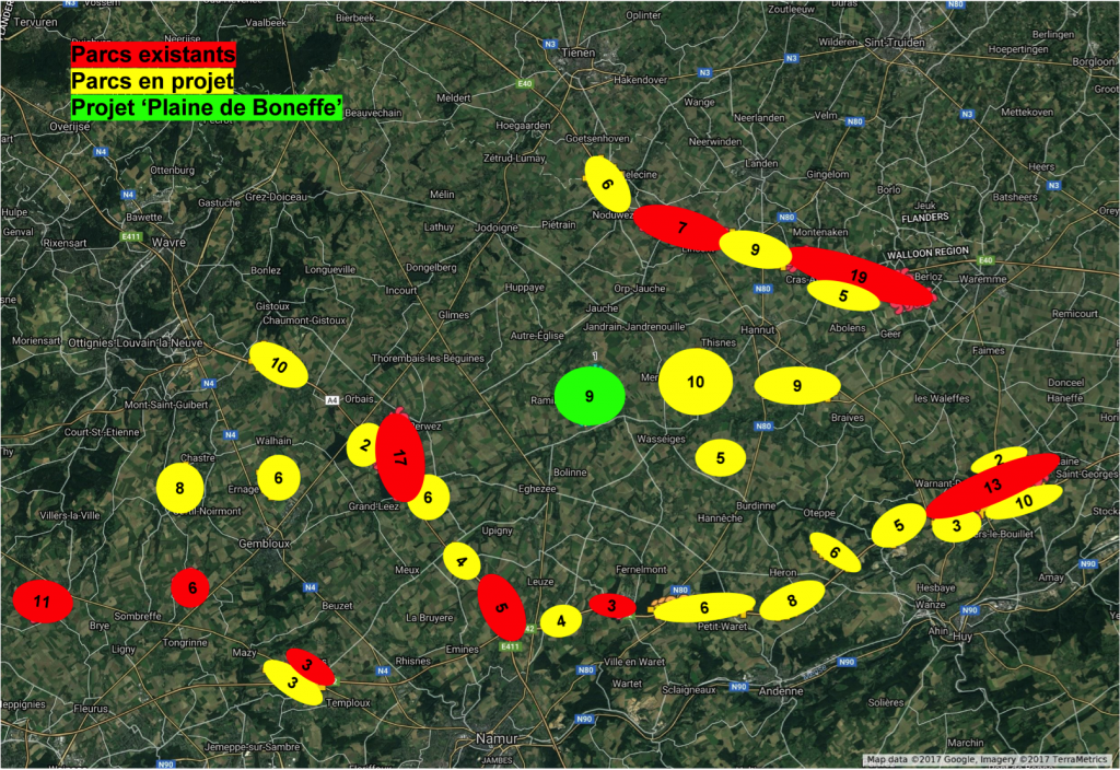 Carte des parcs éoliens de Hesbaye (Wallonie, Belgique, Juillet 2017)